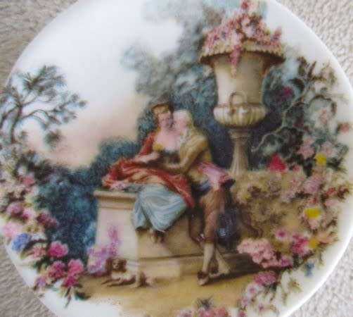 SIX ROMANTIC SCENES VINTAGE JOHNSON, ENGLAND FINE CHINA TINY PLATES/BUTTER PATS