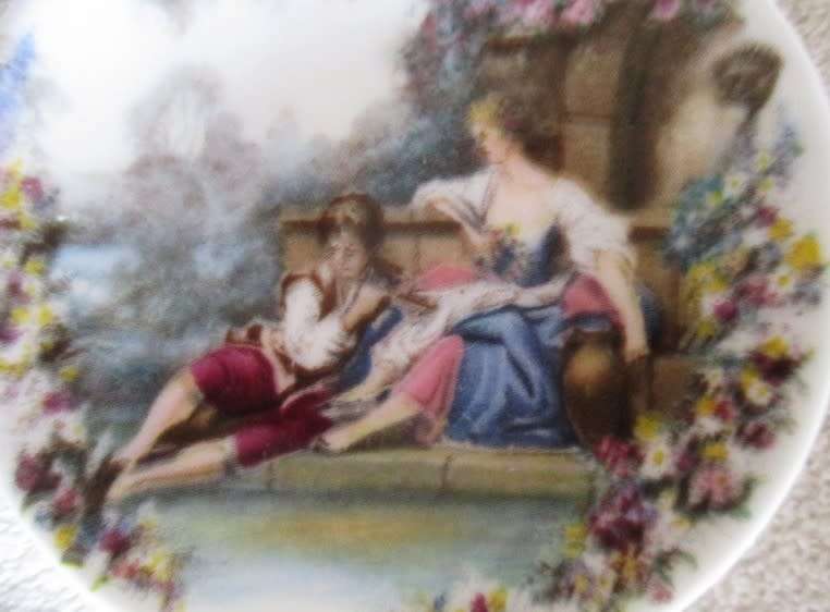 SIX ROMANTIC SCENES VINTAGE JOHNSON, ENGLAND FINE CHINA TINY PLATES/BUTTER PATS