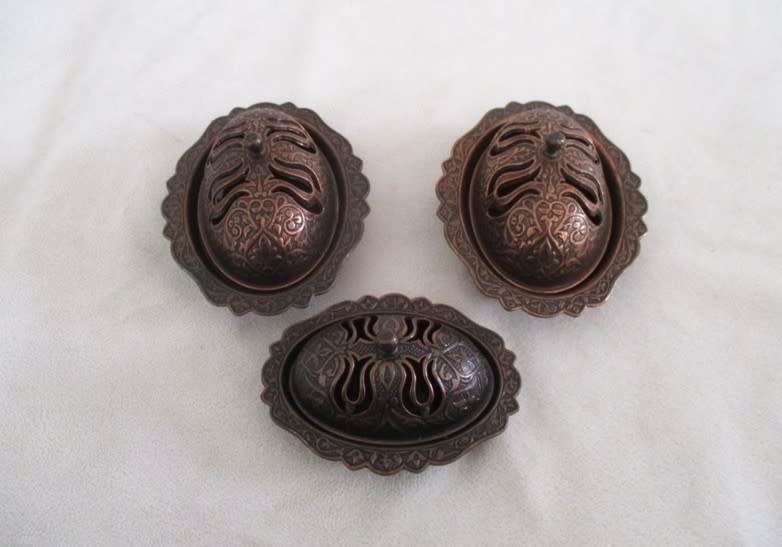 THREE VINTAGE ETCHED COPPER KASHMIRI SAMBALS/DRIED FRUIT DISHES (GREAT FOR BUTTER TOO!)