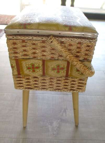 JUST AWESOME!!  VINTAGE SEWING BASKET ON REMOVEABLE FEET/LEGS - PACKED WITH VINTAGE SEWING GOODIES!