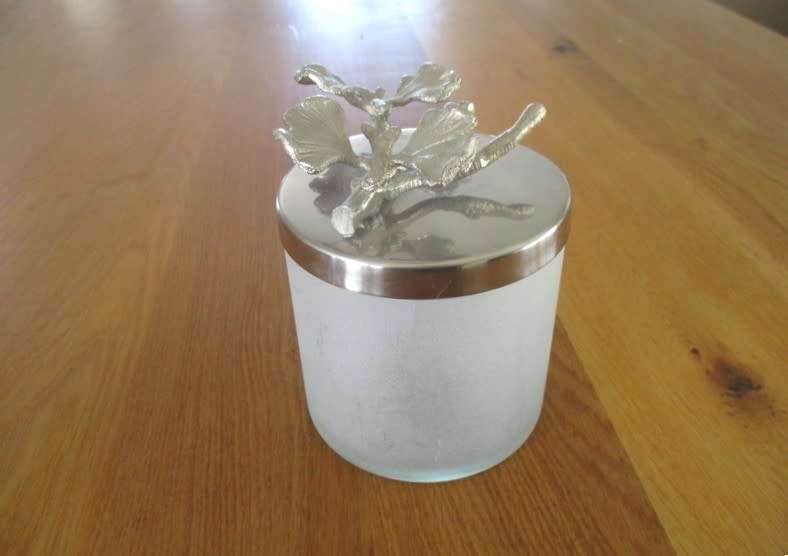 HANDMADE IN INDIA - PRETTY FROSTED GLASS JAR WITH DECORATIVE METAL LID