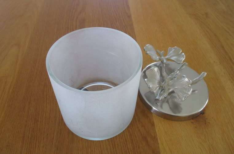 HANDMADE IN INDIA - PRETTY FROSTED GLASS JAR WITH DECORATIVE METAL LID