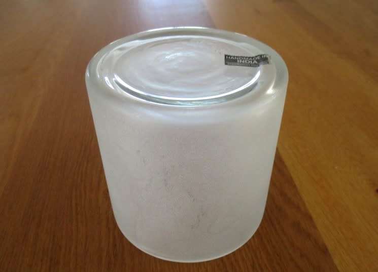 HANDMADE IN INDIA - PRETTY FROSTED GLASS JAR WITH DECORATIVE METAL LID