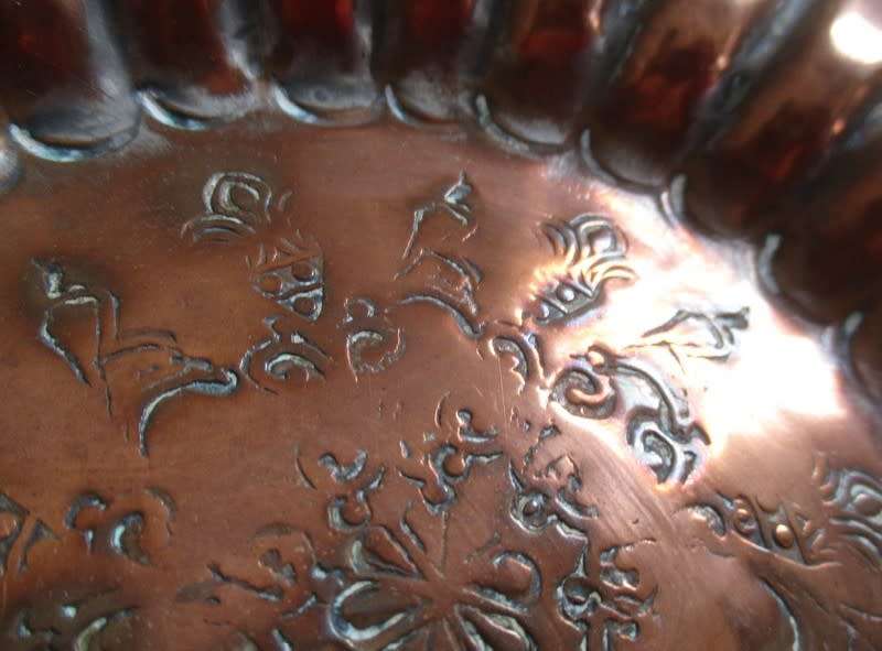 VINTAGE/ ANTIQUE MIDDLE EASTERN? HAMMERED COPPER PLAQUE/PLATE WITH INTRIGUING ENGRAVINGS