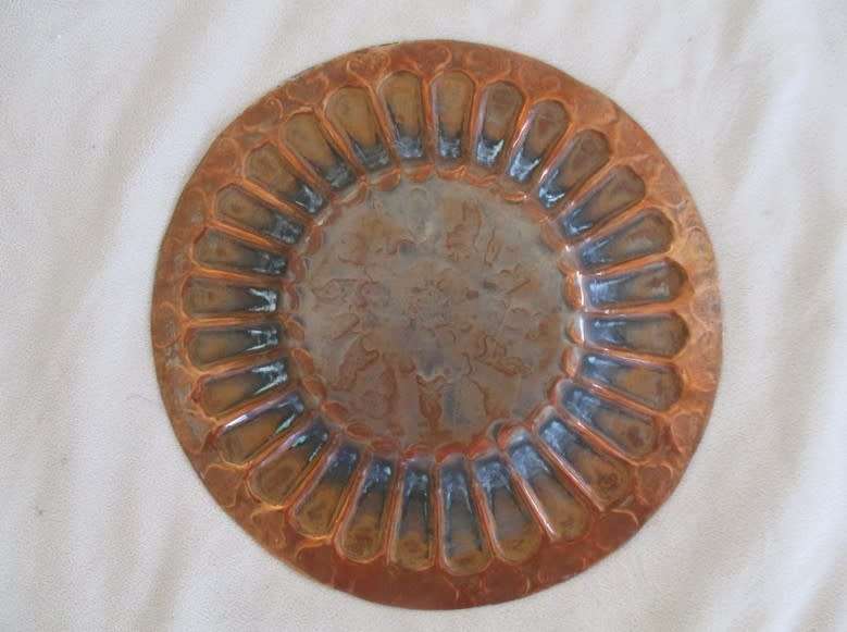 VINTAGE/ ANTIQUE MIDDLE EASTERN? HAMMERED COPPER PLAQUE/PLATE WITH INTRIGUING ENGRAVINGS