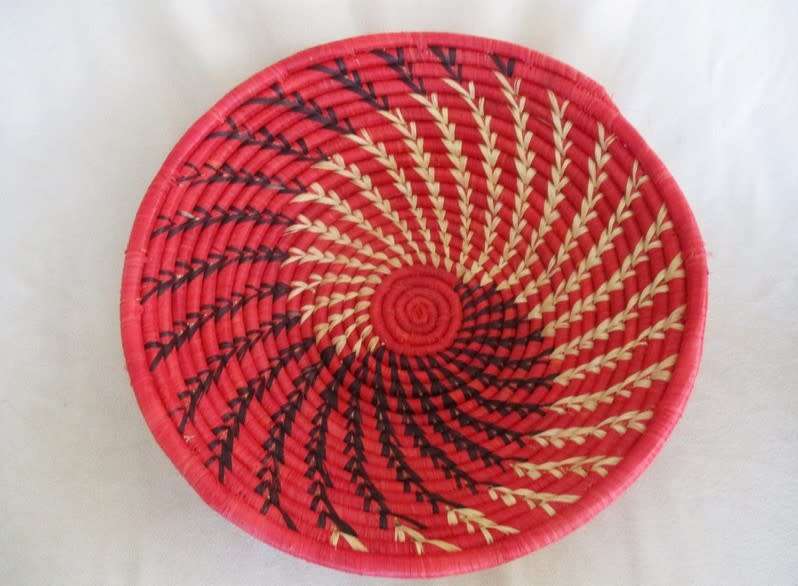 THREE COLOURFUL AFRICAN WOVEN  WALL/TABLE ART BASKETS