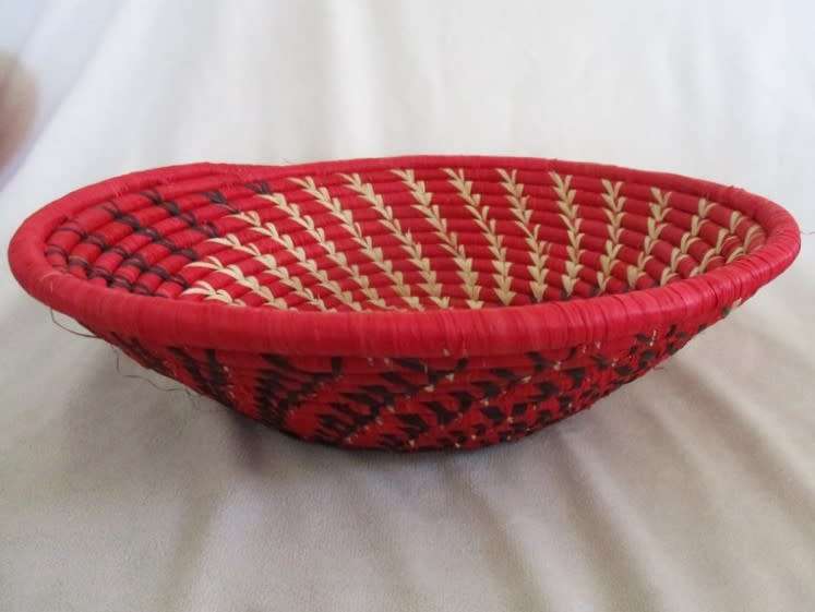 THREE COLOURFUL AFRICAN WOVEN  WALL/TABLE ART BASKETS