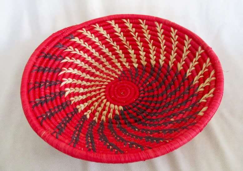 THREE COLOURFUL AFRICAN WOVEN  WALL/TABLE ART BASKETS