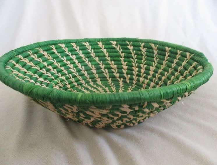 THREE COLOURFUL AFRICAN WOVEN  WALL/TABLE ART BASKETS