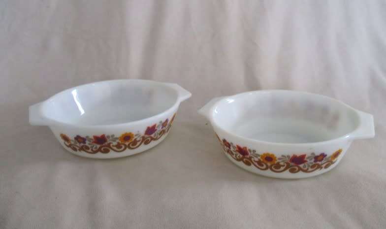 FOR THE GENUINE PYREX COLLECTOR - TWO RARE  JAJ, ENGLAND PYREX DISHES