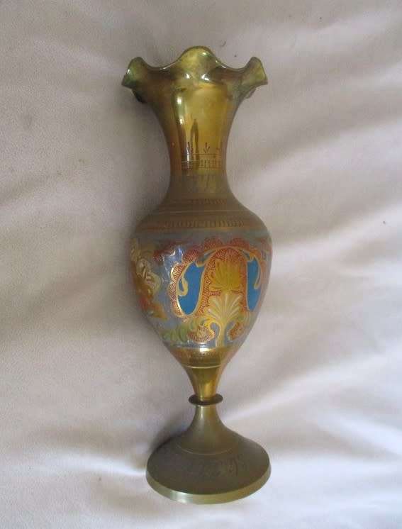 Large Mid century Indian brass vase - beautifully etched and with vivid enameled design