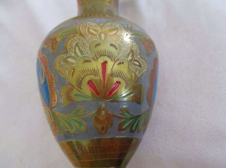Large Mid century Indian brass vase - beautifully etched and with vivid enameled design