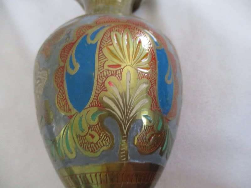 Large Mid century Indian brass vase - beautifully etched and with vivid enameled design