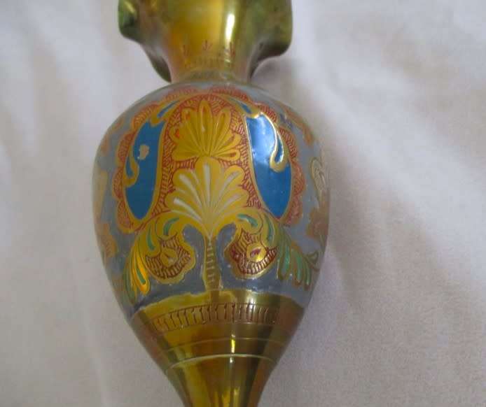 Large Mid century Indian brass vase - beautifully etched and with vivid enameled design