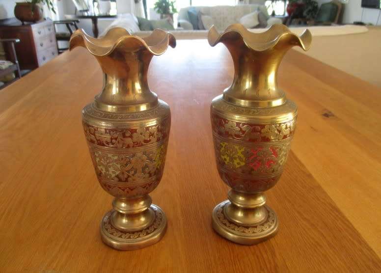 Two large antique solid brass vases - made in India and wonderfully looked after