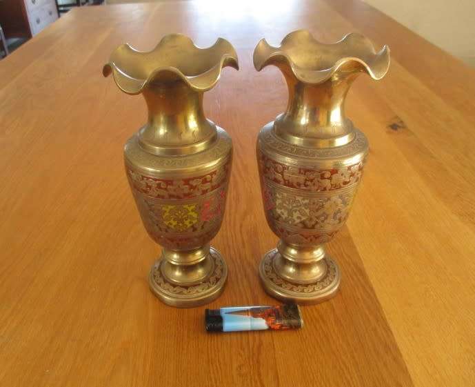 Two large antique solid brass vases - made in India and wonderfully looked after