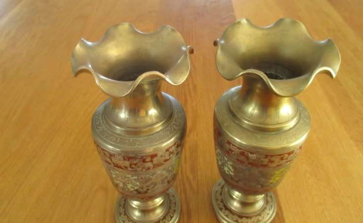 Two large antique solid brass vases - made in India and wonderfully looked after
