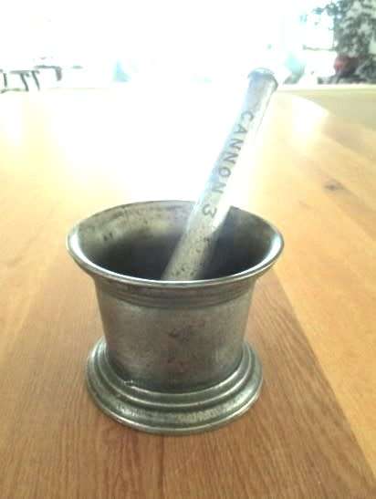 Out of Granny`s Kitchen - heavy, antique 1800`s A. Kenrick & Sons iron mortar with Cannon 3 Pestle