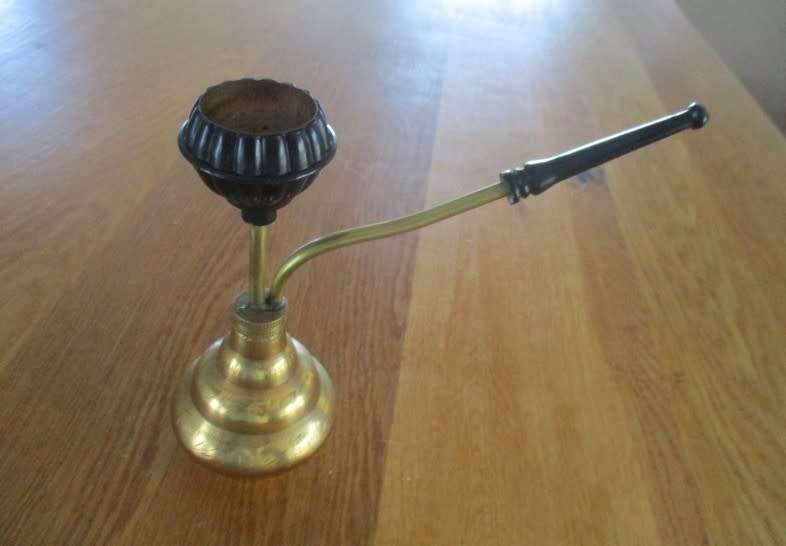 Interesting table/bar decor - vintage engraved brass Indian Hookah Chillum pipe