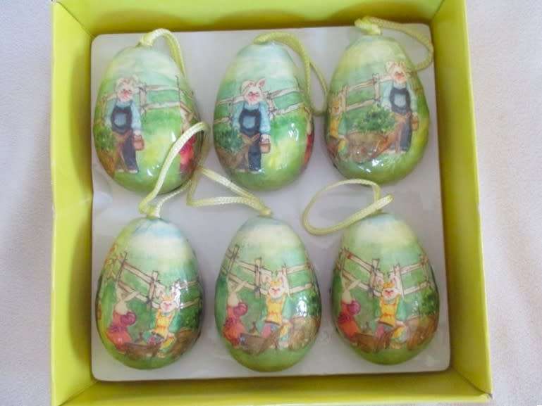 From days gone by.  Six vintage decoupaged Easter eggs with cute bunny rabbit scenes