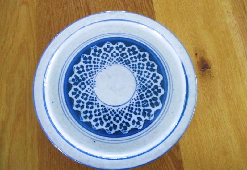 Beautiful vintage blue and white art pottery plate by South African ceramist, Joy Webber