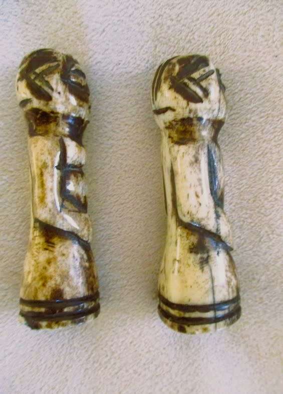 Two very old carved bone Luba/Songwe, Congo potion holders/talismans with original stoppers