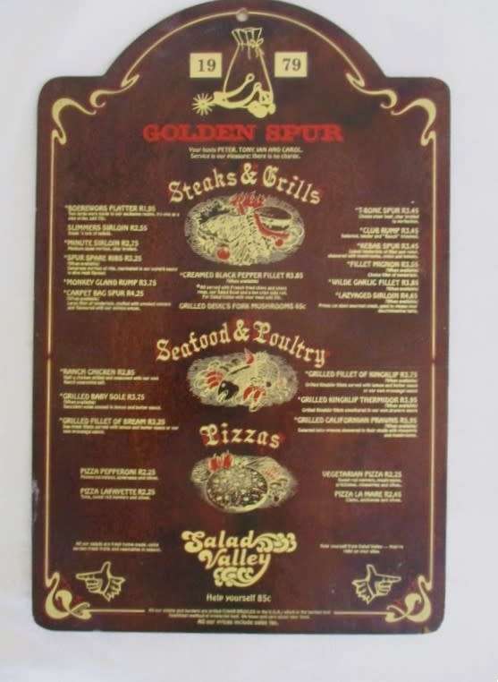 Kitchen/Mancave decor - 1979 wooden menu of very first Spur in South Africa - Spur burger R1.25