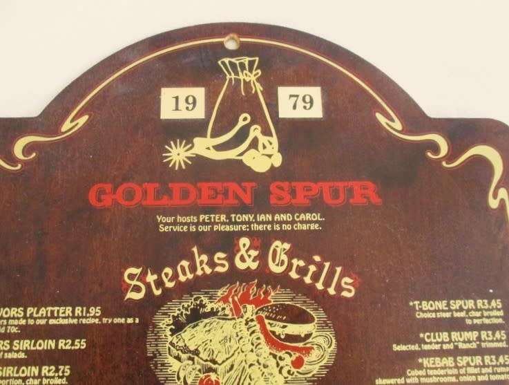 Kitchen/Mancave decor - 1979 wooden menu of very first Spur in South Africa - Spur burger R1.25