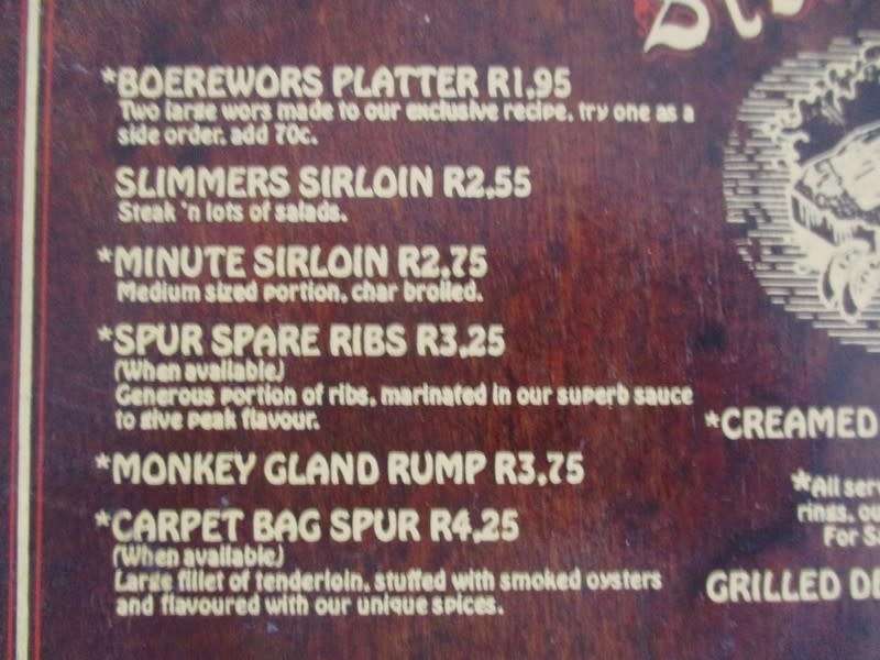Kitchen/Mancave decor - 1979 wooden menu of very first Spur in South Africa - Spur burger R1.25
