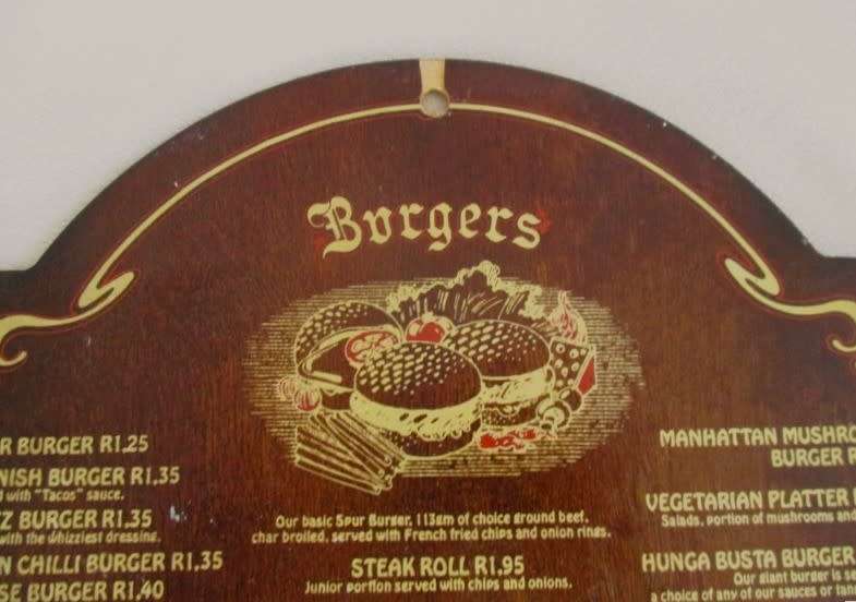 Kitchen/Mancave decor - 1979 wooden menu of very first Spur in South Africa - Spur burger R1.25