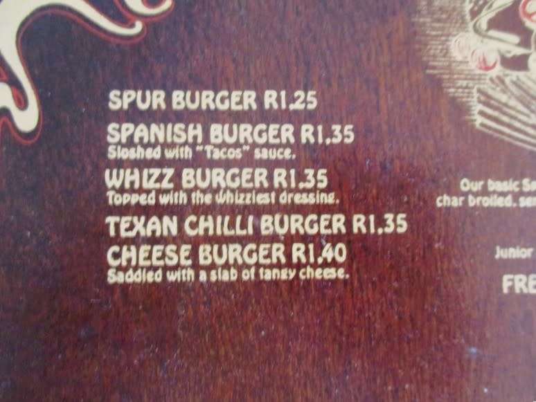 Kitchen/Mancave decor - 1979 wooden menu of very first Spur in South Africa - Spur burger R1.25