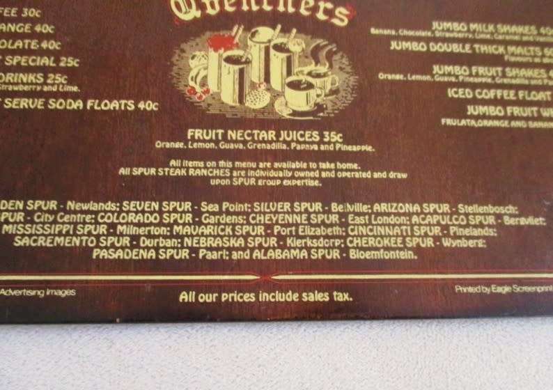 Kitchen/Mancave decor - 1979 wooden menu of very first Spur in South Africa - Spur burger R1.25