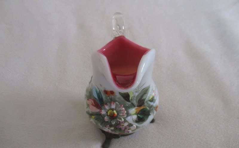 Rare!! Antique Victorian hand painted pink opaline glass creamer on bronze stand
