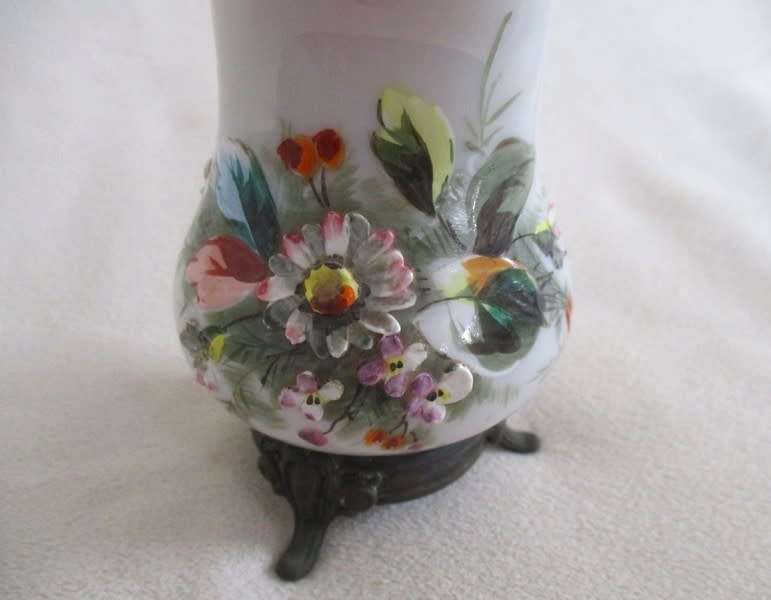 Rare!! Antique Victorian hand painted pink opaline glass creamer on bronze stand