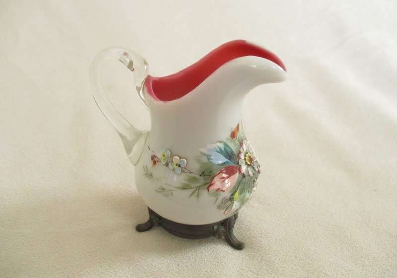 Rare!! Antique Victorian hand painted pink opaline glass creamer on bronze stand