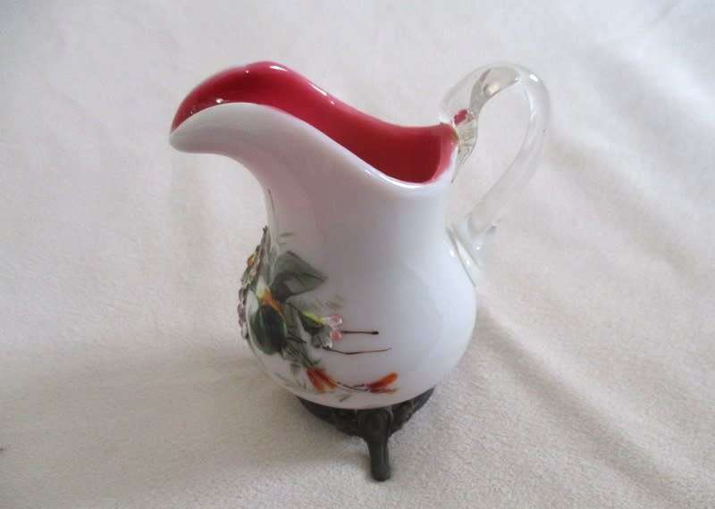 Rare!! Antique Victorian hand painted pink opaline glass creamer on bronze stand