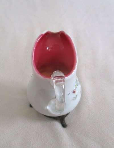 Rare!! Antique Victorian hand painted pink opaline glass creamer on bronze stand