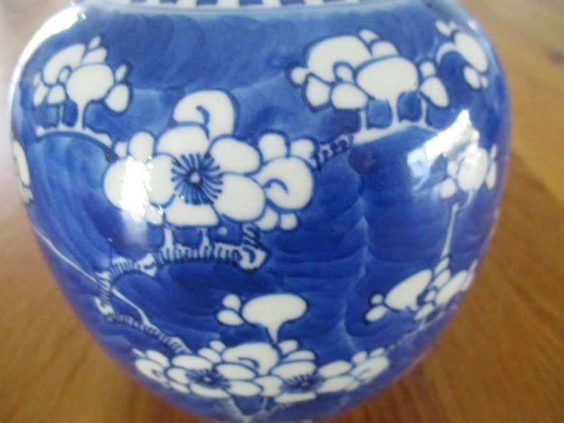 A nice-sized vintage Chinese Prunus vase/jar with double blue ring on base