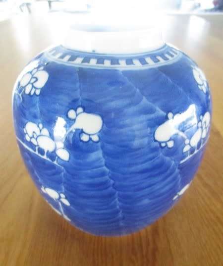 A nice-sized vintage Chinese Prunus vase/jar with double blue ring on base