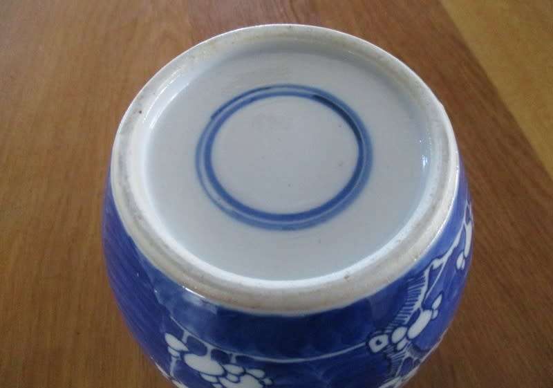 A nice-sized vintage Chinese Prunus vase/jar with double blue ring on base