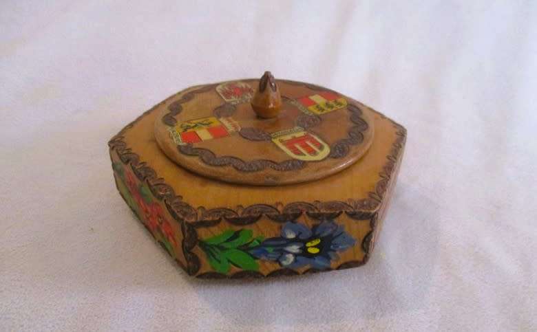 Beautiful antique hand carved and painted Tyrolean wooden keepsake box from Innsbruck, Austria
