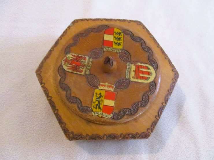 Beautiful antique hand carved and painted Tyrolean wooden keepsake box from Innsbruck, Austria