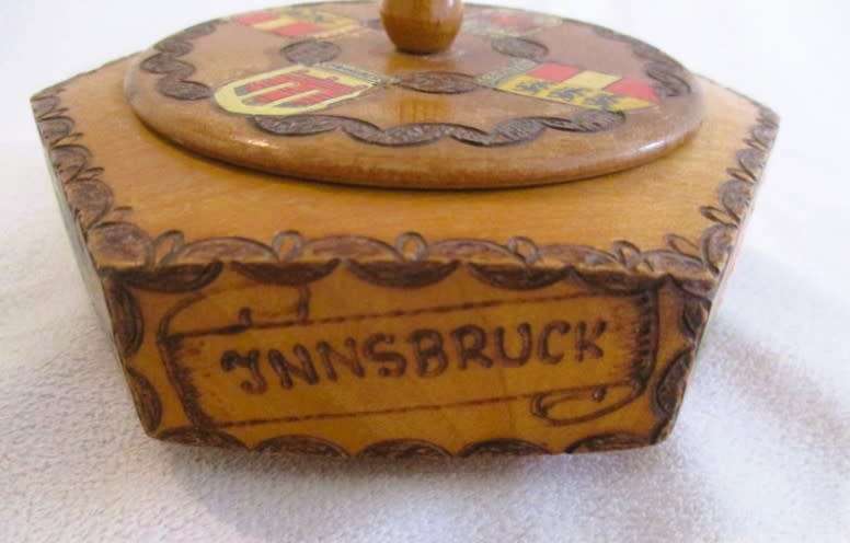 Beautiful antique hand carved and painted Tyrolean wooden keepsake box from Innsbruck, Austria