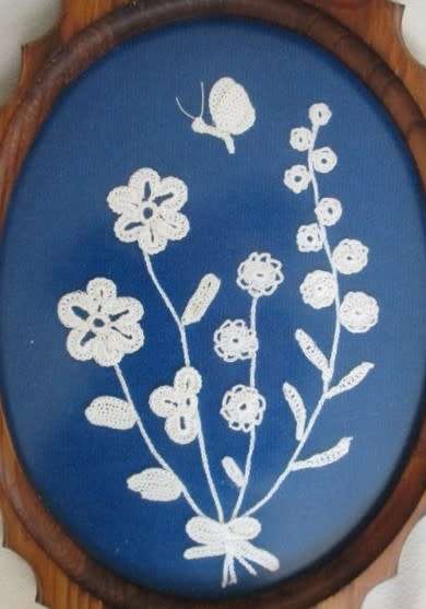 Relisted - Embroidered flowers and butterfly framed in gorgeous vintage solid wooden frame