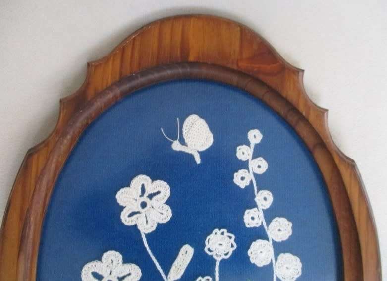 Relisted - Embroidered flowers and butterfly framed in gorgeous vintage solid wooden frame