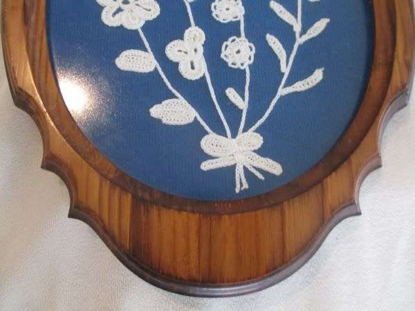 Relisted - Embroidered flowers and butterfly framed in gorgeous vintage solid wooden frame
