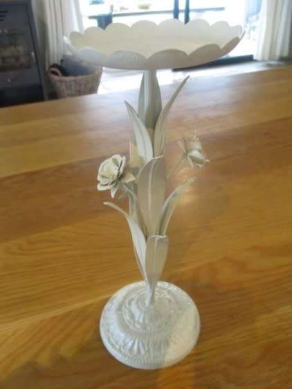 Tall painted metal candle holder with lovely floral detail