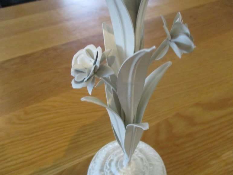 Tall painted metal candle holder with lovely floral detail