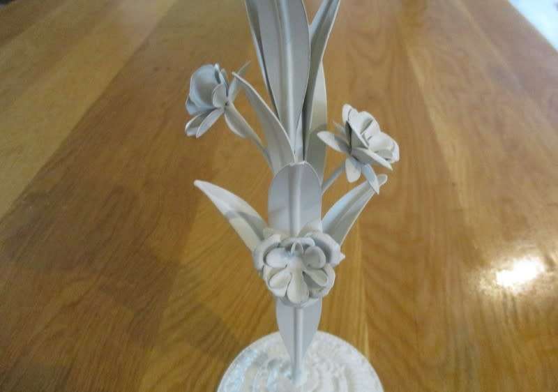 Tall painted metal candle holder with lovely floral detail
