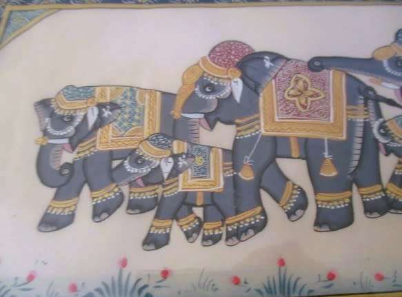 Hand painted Indian artwork - solid wood frame - row of decorative elephants with gilt highlights